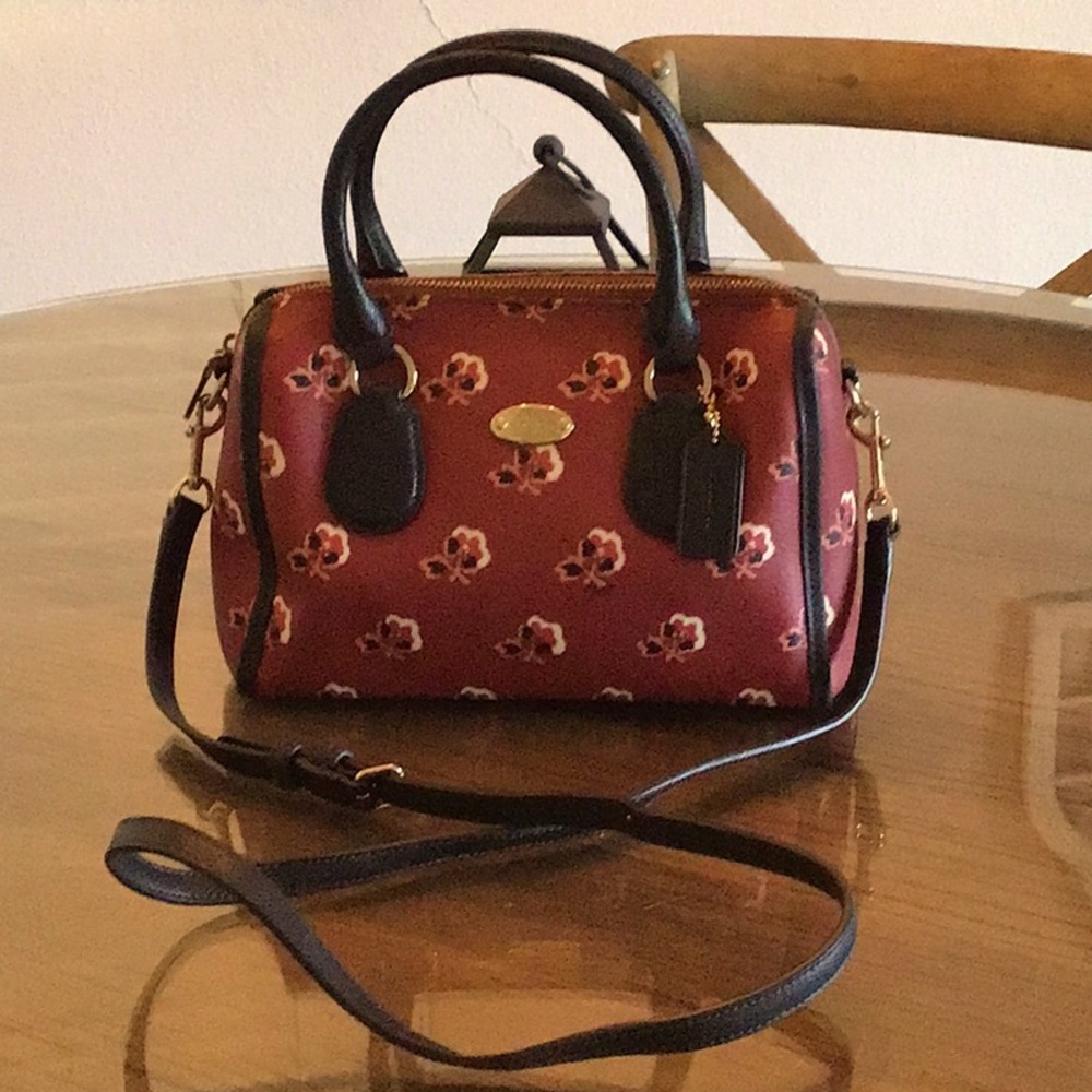 Coach Red Floral Print Small Satchel with Black Trim